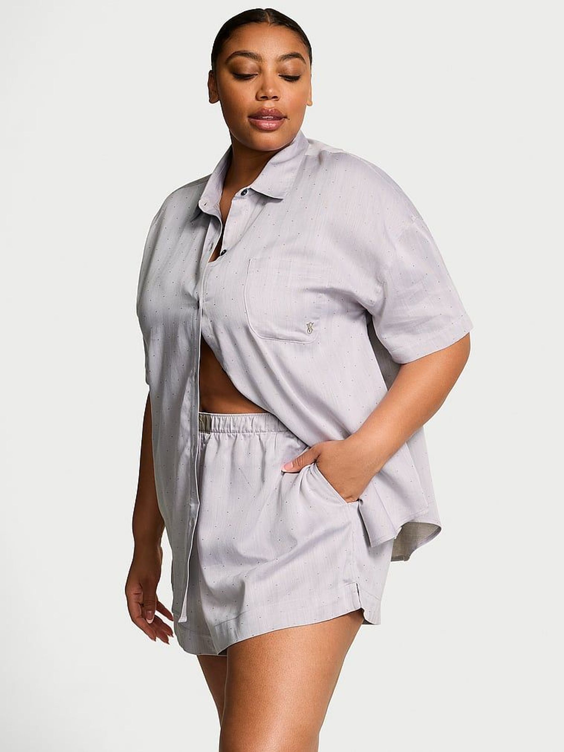 Turtle Dove Grey Herringbone Cotton Modal Short Pyjama Set (AV7585) | €63