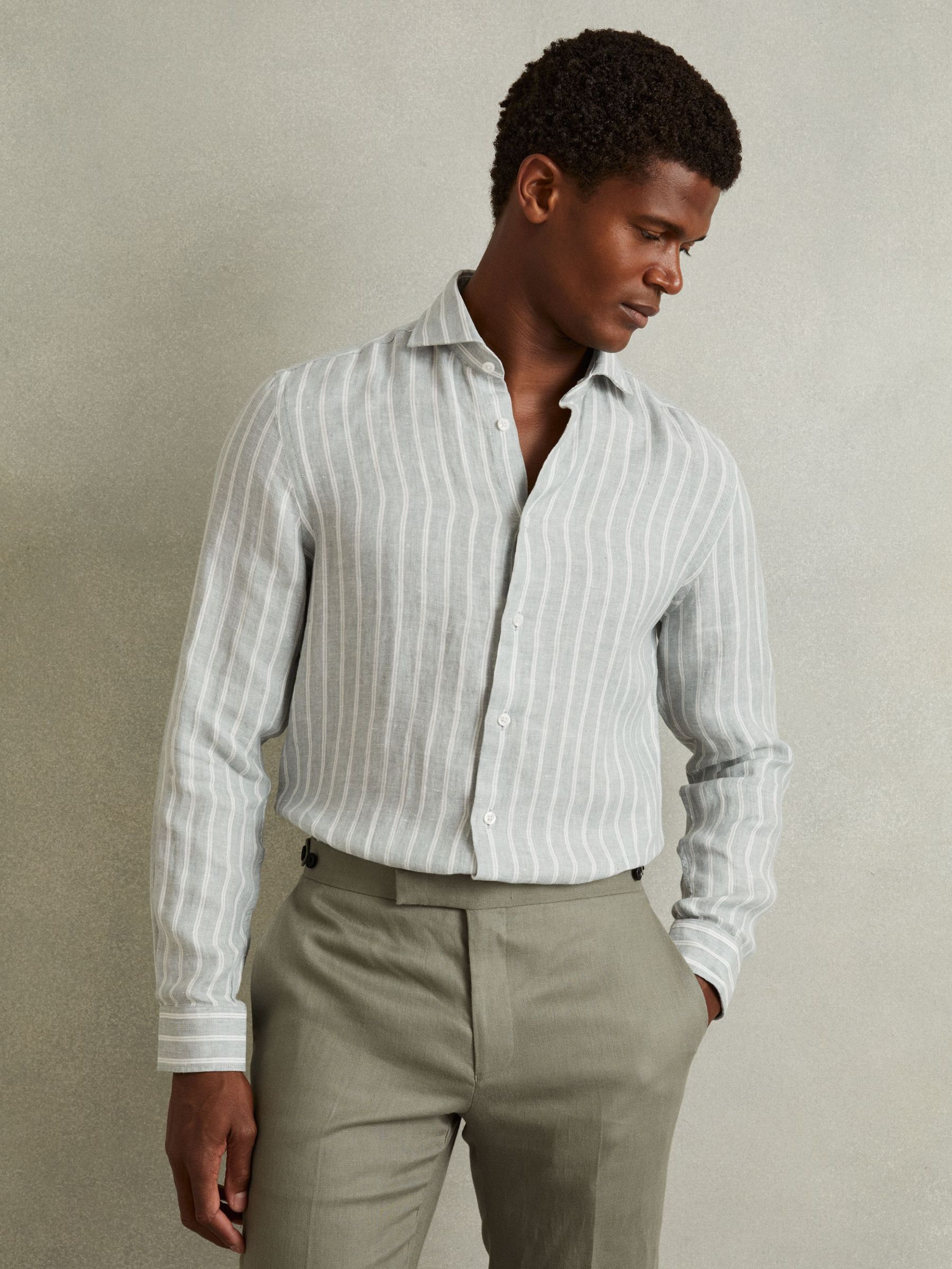 Linen Striped Cutaway-Collar Shirt in Green (AV7788) | €145