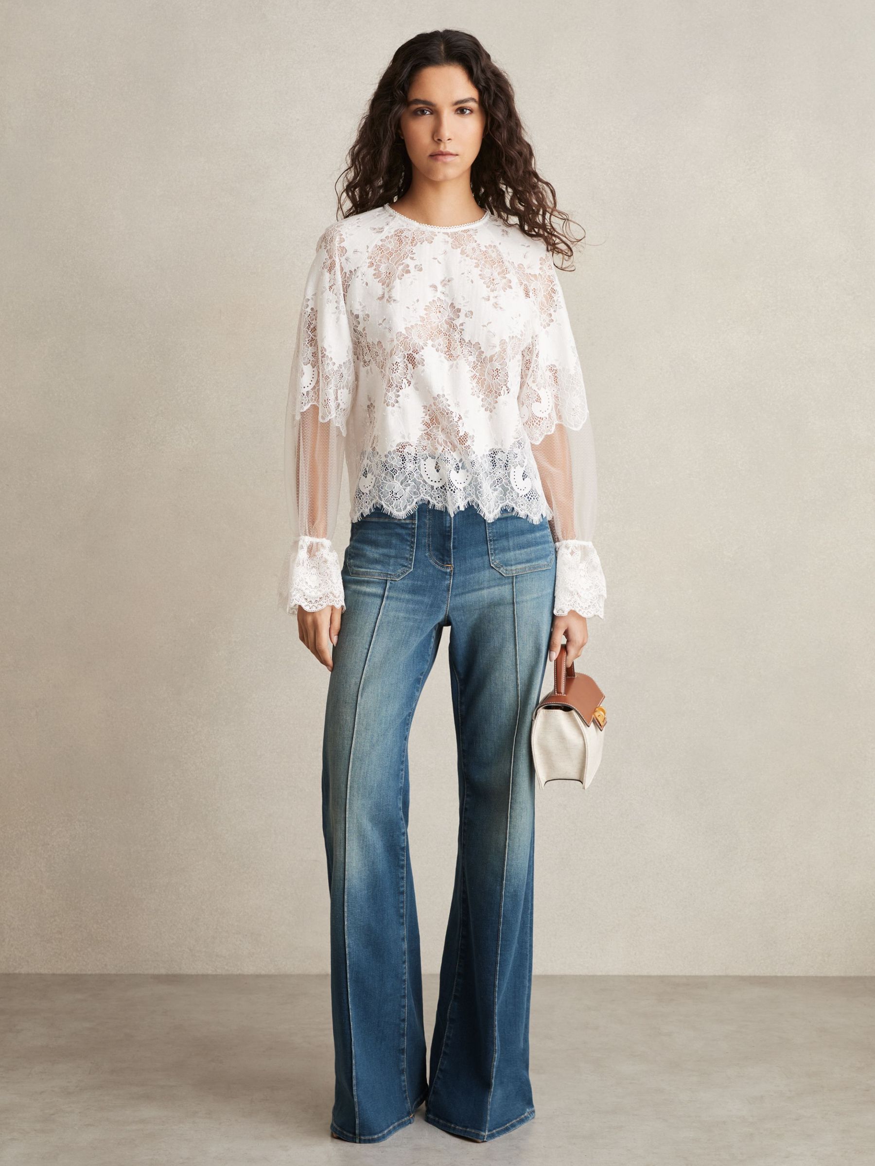 Lace Flared-Cuff Blouse in Ivory (AW0077) | US$285