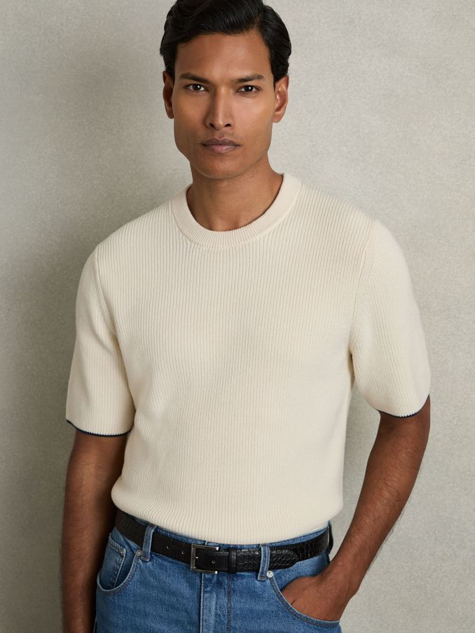 Rib Knit Tipped T-Shirt in Off White/Navy (AW1180) | US$160