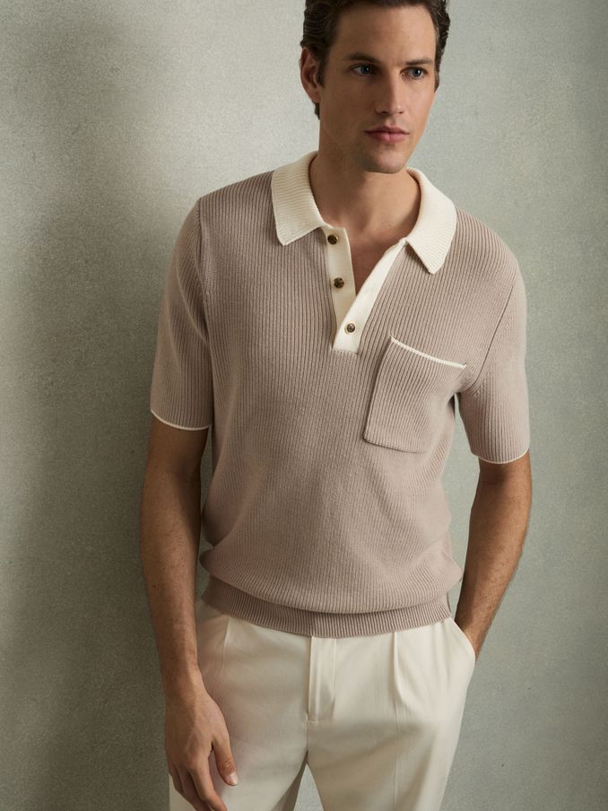 Cotton Polo Shirt with Buttons in Taupe Brown/Off White (AW1188) | US$190