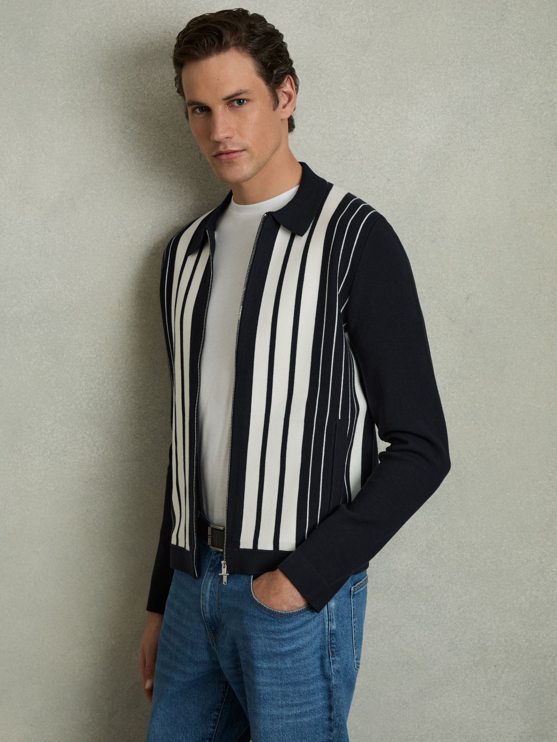 Striped Zip Through Knitted Jacket in Navy/White (AW1191) | US$126