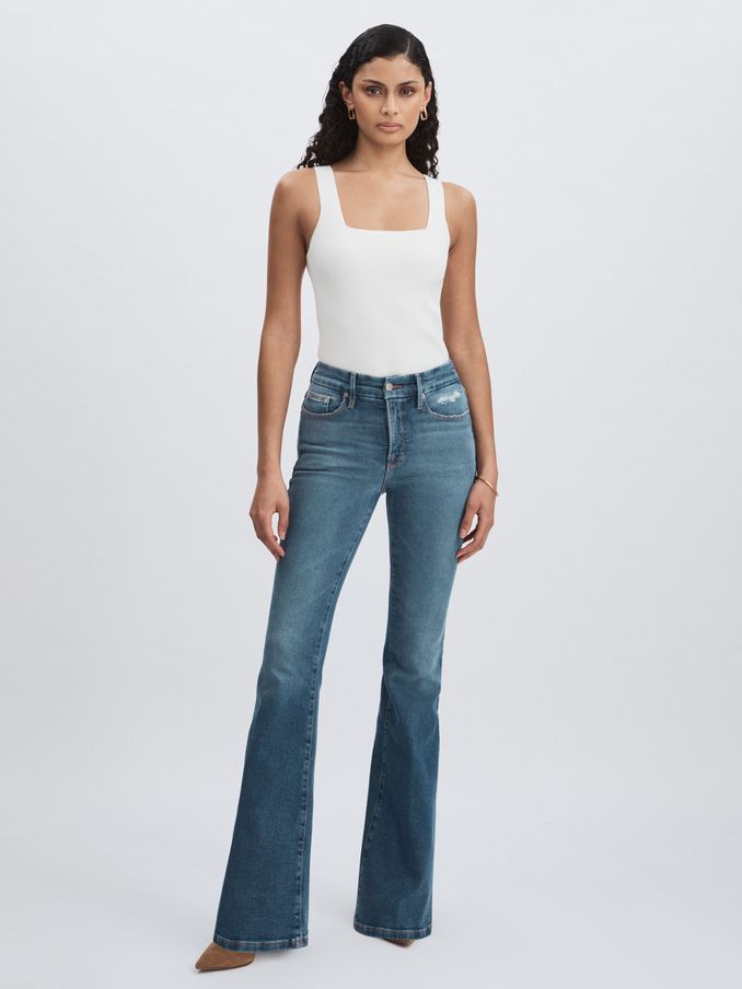 Flared Distressed Jeans in Dark Indigo (AW1292) | $235