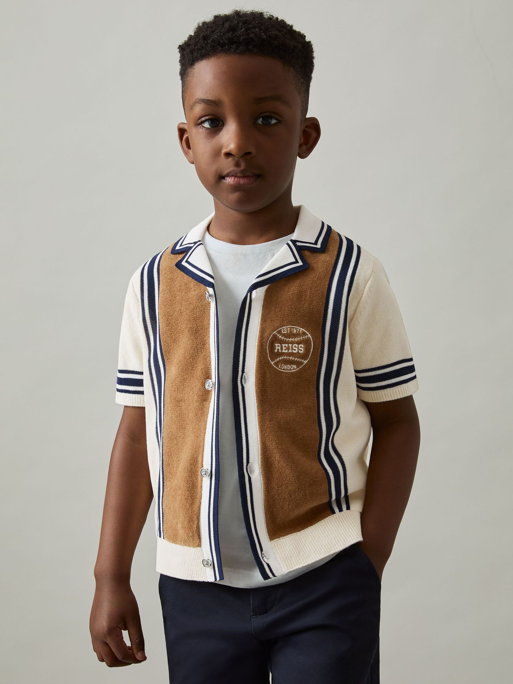 3-9 yrs Cotton Colour-Block Varsity Shirt in Tobacco Brown/ Off White (AW1295) | US$70