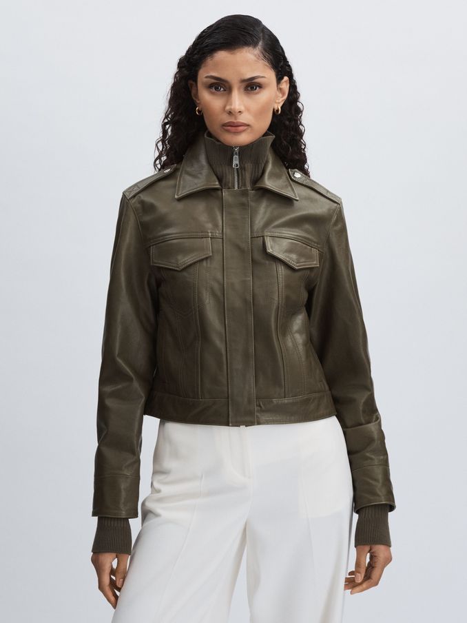 Paige Leather Cropped Bomber Jacket in Moss Green (AW1341) | US$1,153