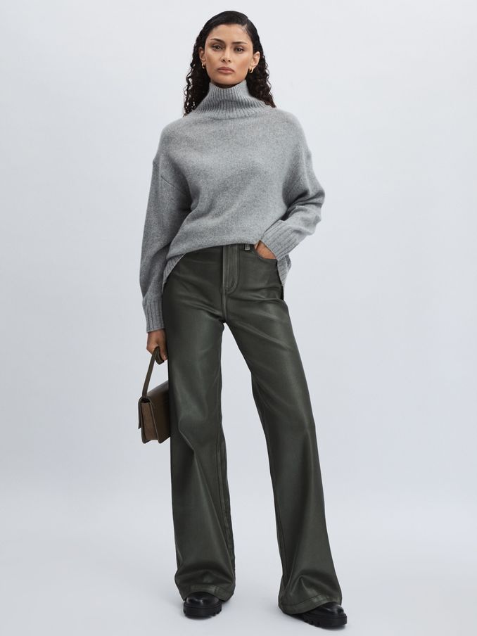 Paige Leather-Look Wide-Leg Jeans in Dark Green (AW1343) | €322