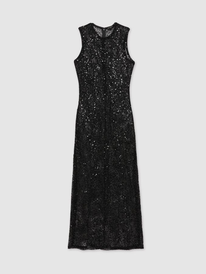 Good American Sequin Crochet Beach Cover-Up Dress in Black (AW1351) | US$143