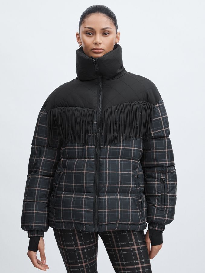 The Upside Fringed Check Puffer Coat in Black Check (AW1375) | €272