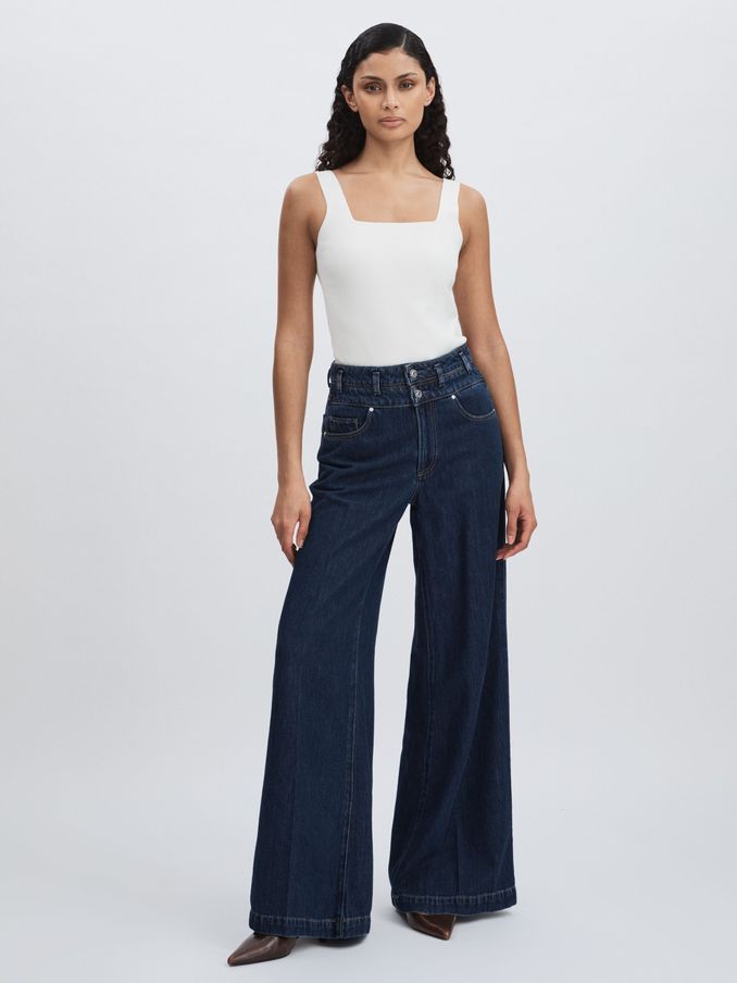 Paige Double Waistband Wide-Leg Jeans in Navy Blue (AW1467) | US$330