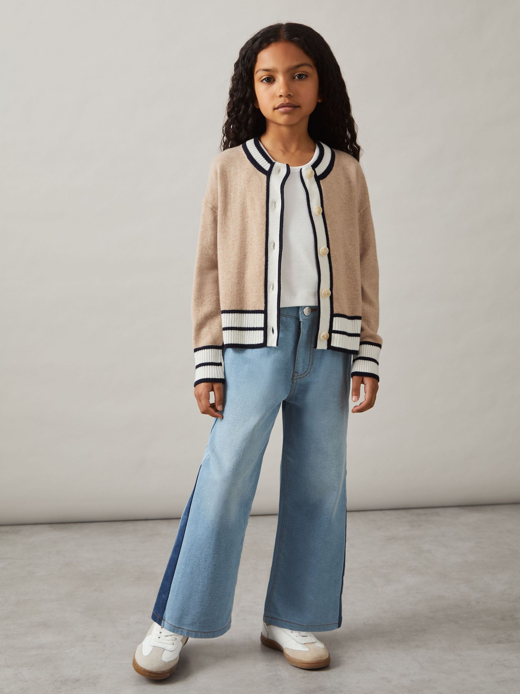 Merino-Blend Varsity Cardigan With Cashmere in Camel (AW3613) | US$65