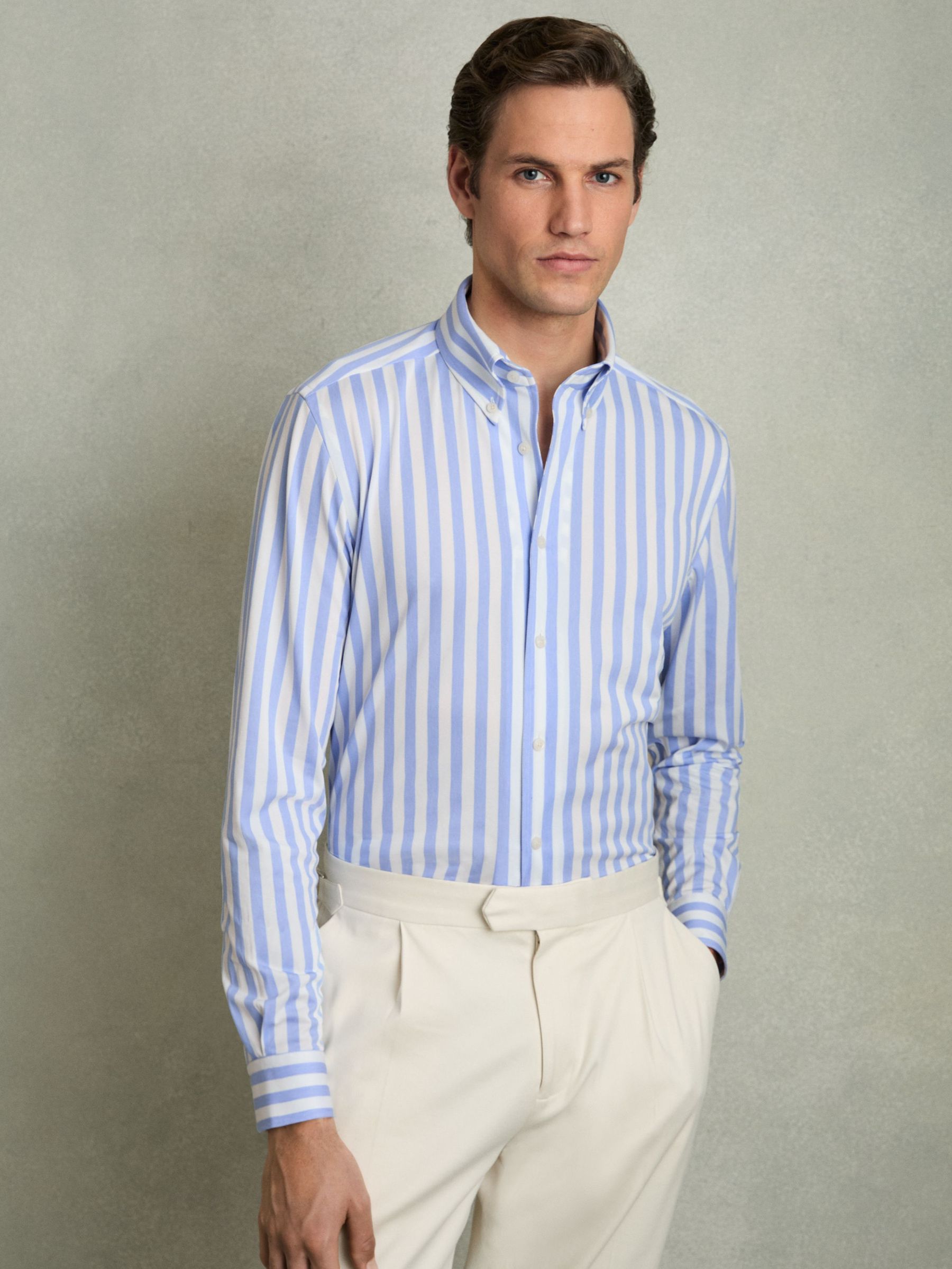 Striped Jersey Button-Down Shirt With Cotton in Pale Blue Stripe (AW3614) | US$180