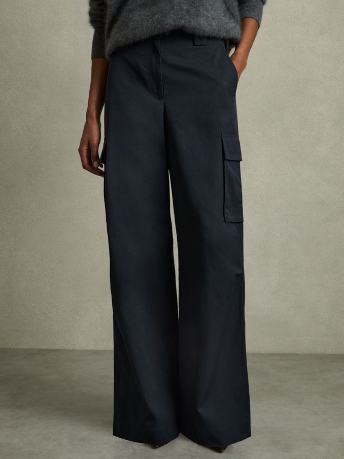 Petite Cotton-Tencel Wide-Leg Combat Trousers in Navy (AW3616) | CHF 111