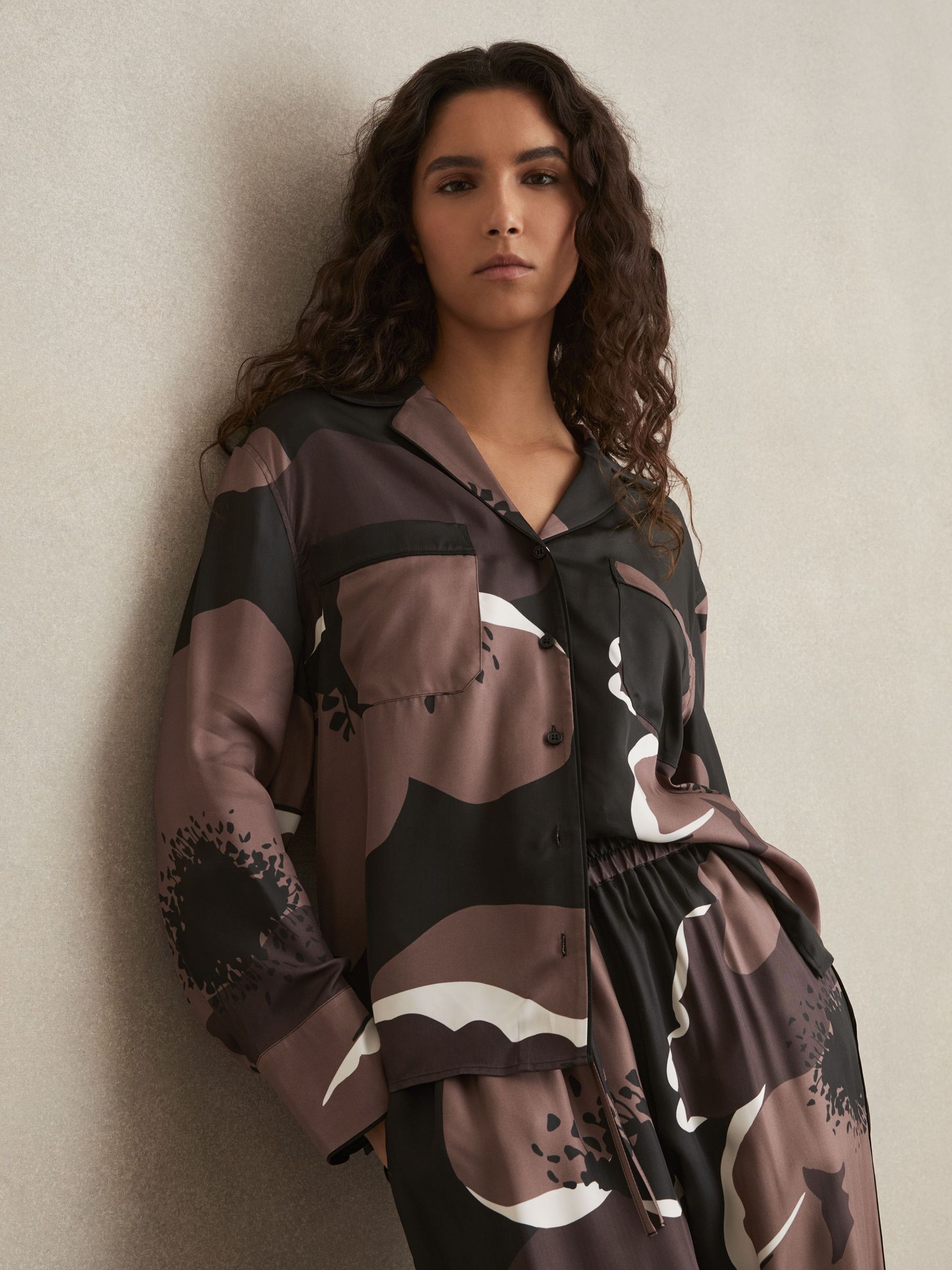 Floral-Print Long-Sleeve Shirt in Black/Brown (AW3618) | US$225