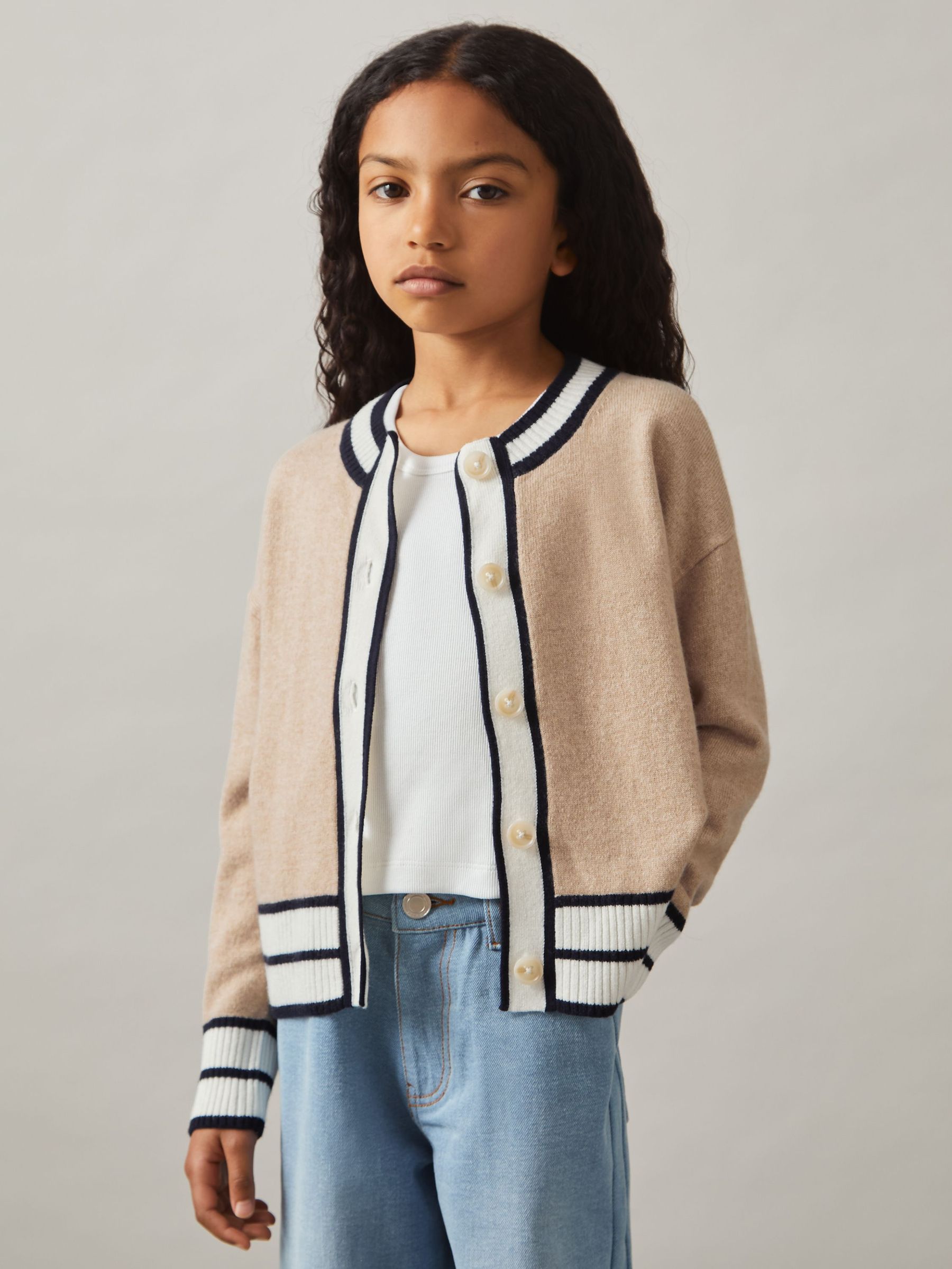 Merino-Blend Varsity Cardigan With Cashmere in Camel (AW3623) | US$70