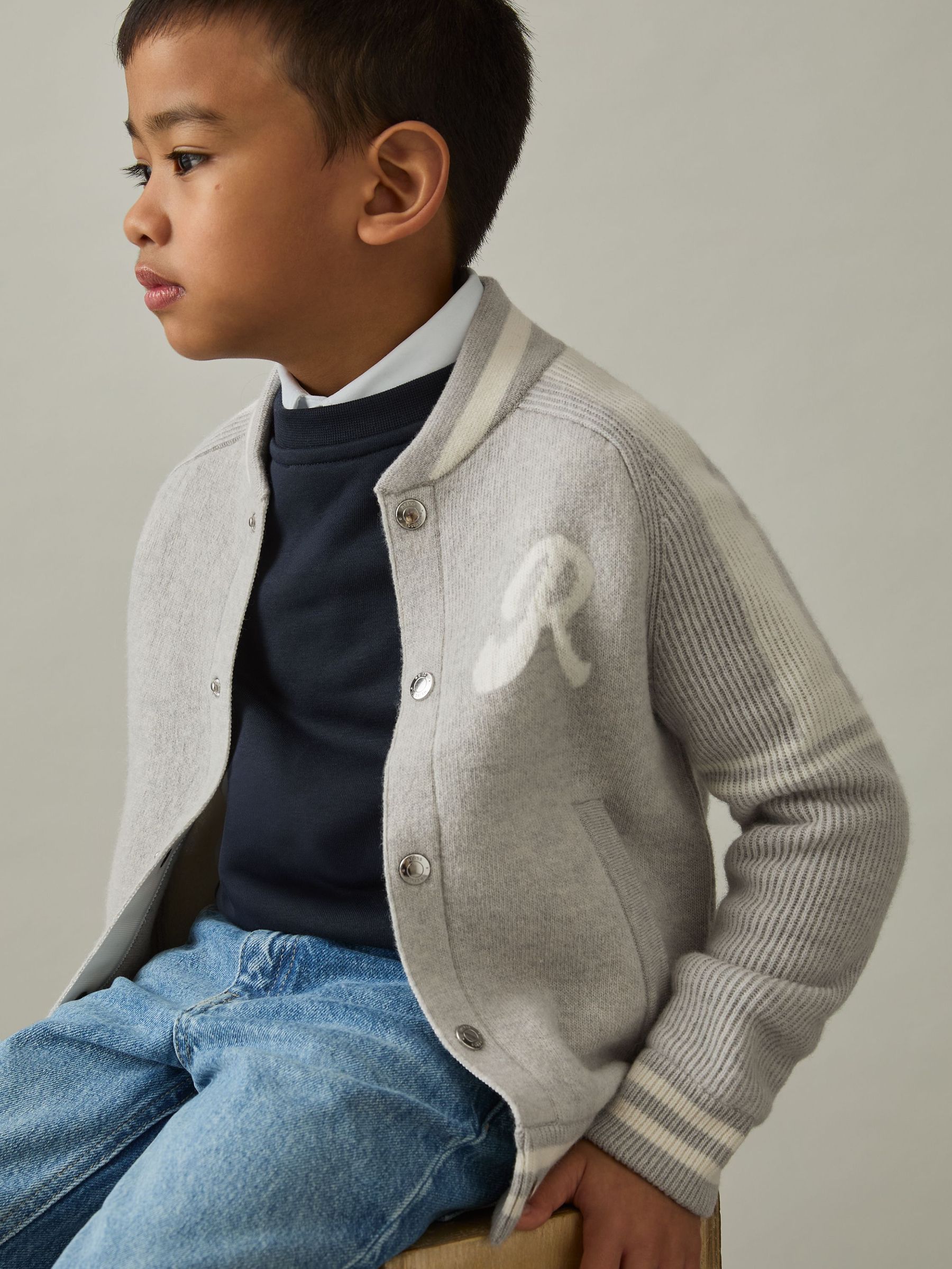9-13 yrs Logo-Intarsia Bomber Jacket in Grey/White (AW3954) | US$73