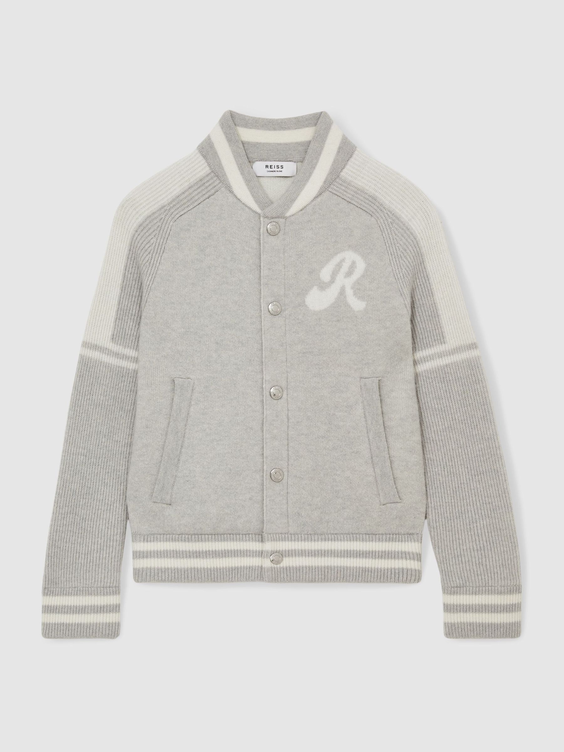 13-14 yrs Logo-Intarsia Bomber Jacket in Grey/White (AW3961) | US$80