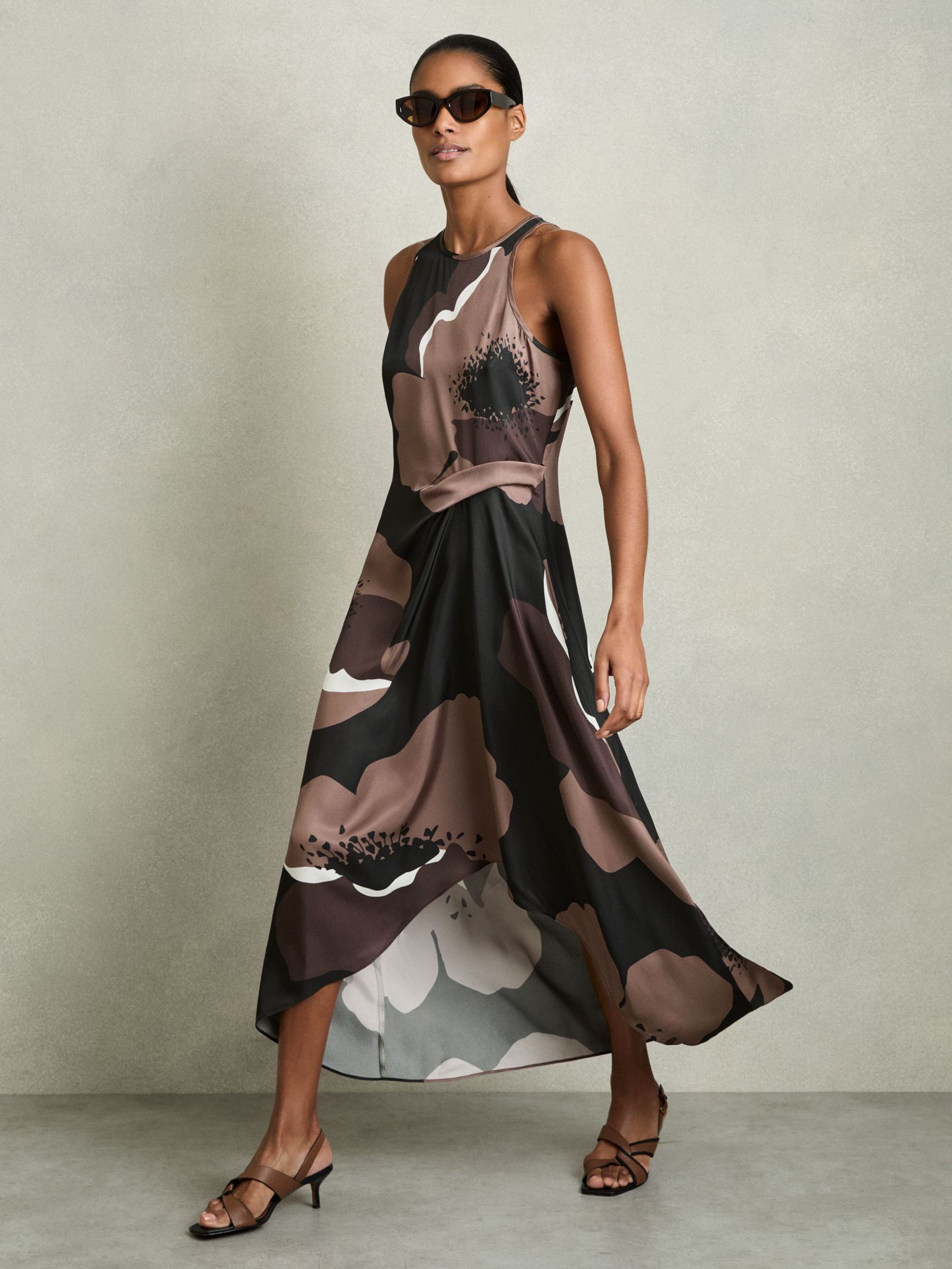 Satin Floral Tuck Midi Dress in Brown (AW4140) | €245