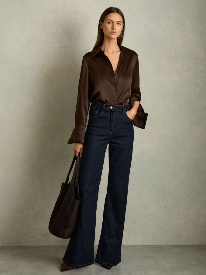 Silk Double-Cuff Button-Through Shirt in Chocolate (AW4151) | US$330