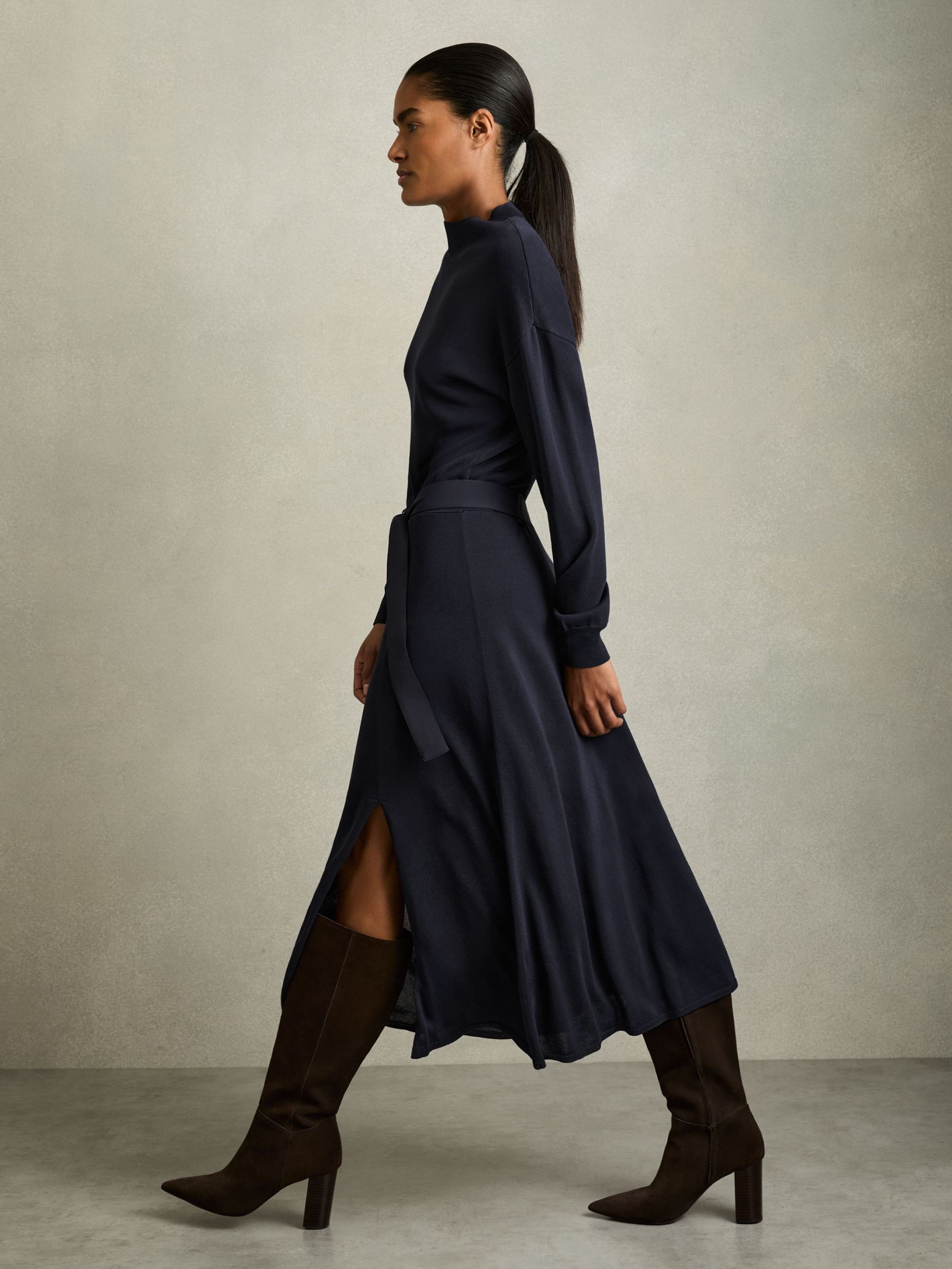 Petite Compact-Knit Belted Midi Dress in Navy (AW4160) | $167