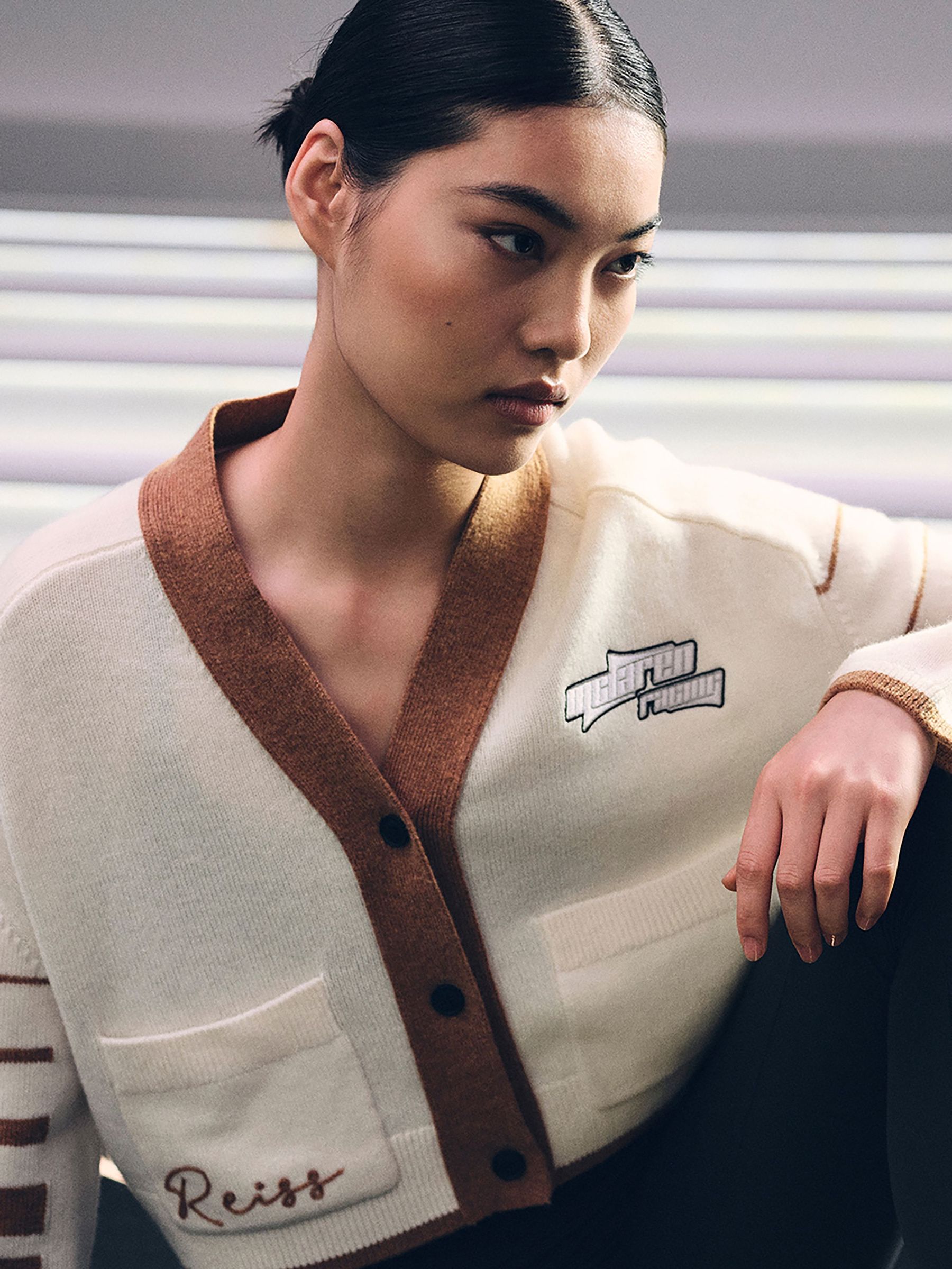 McLaren F1 Team Crop Varsity Cardigan in Off White/Camel (AW5775) | €270