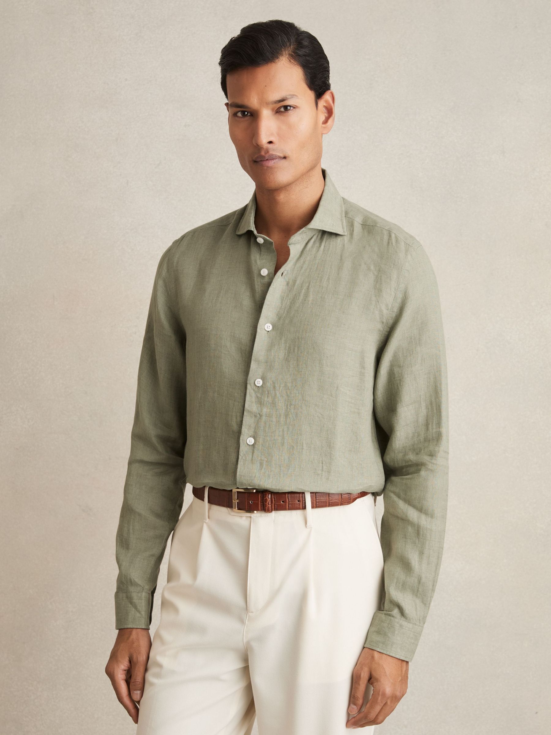100% Linen Button-Through Shirt in Thyme Green (AW5793) | €140
