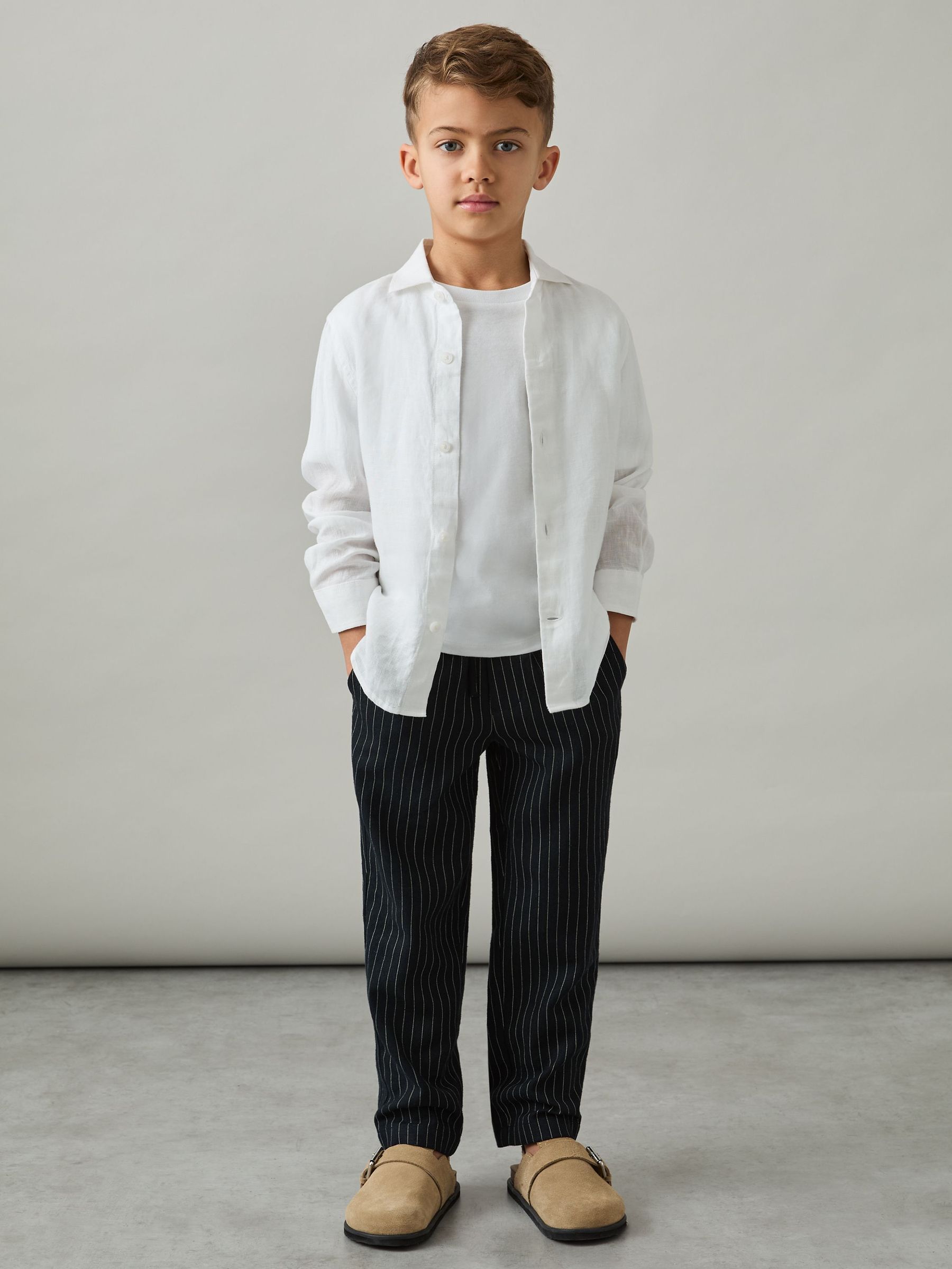 Linen-Blend Drawstring Trousers in Navy Stripe (AW5802) | $75