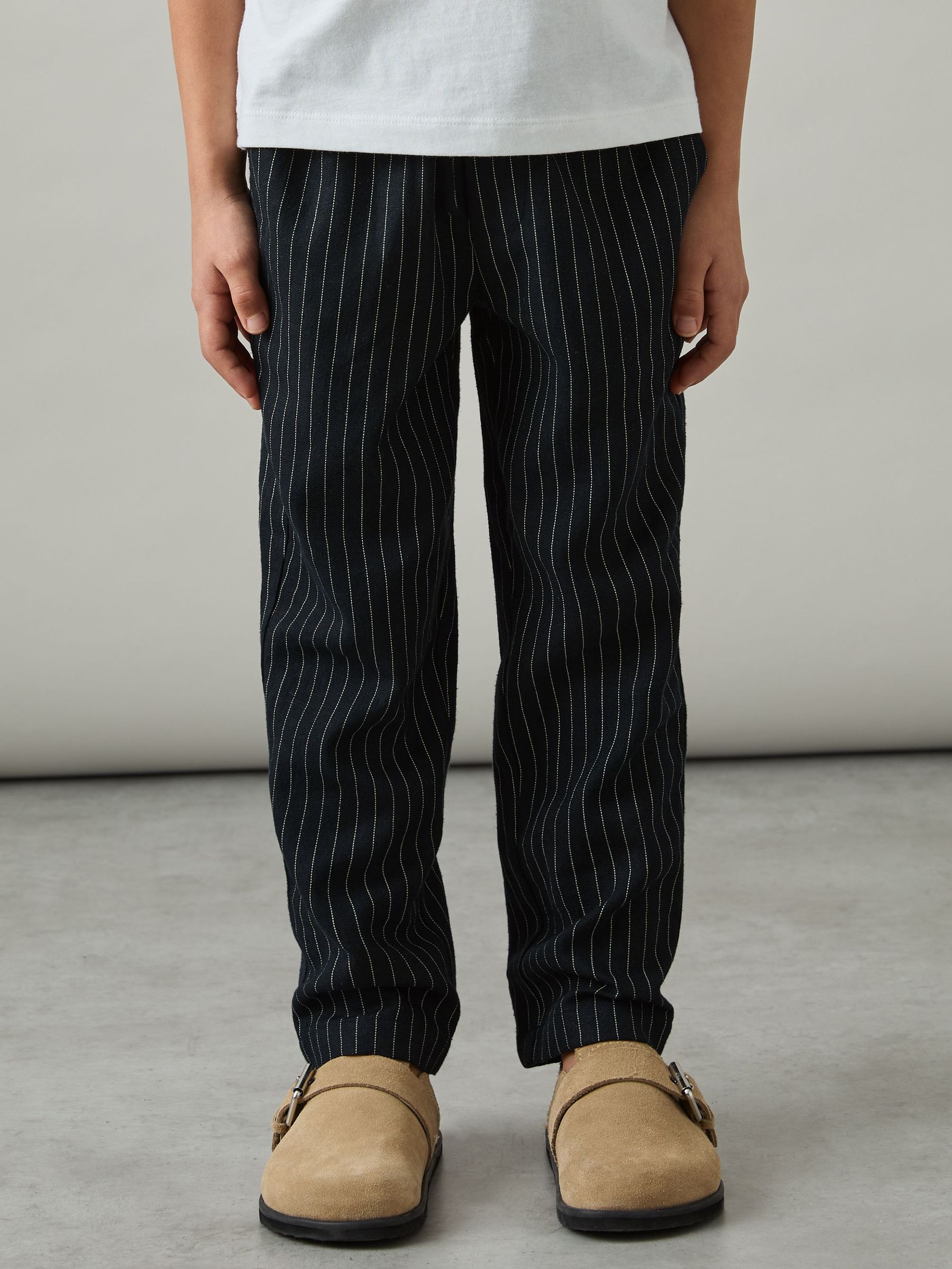 Linen Blend Drawstring Trousers in Navy Stripe (AW5806) | US$70