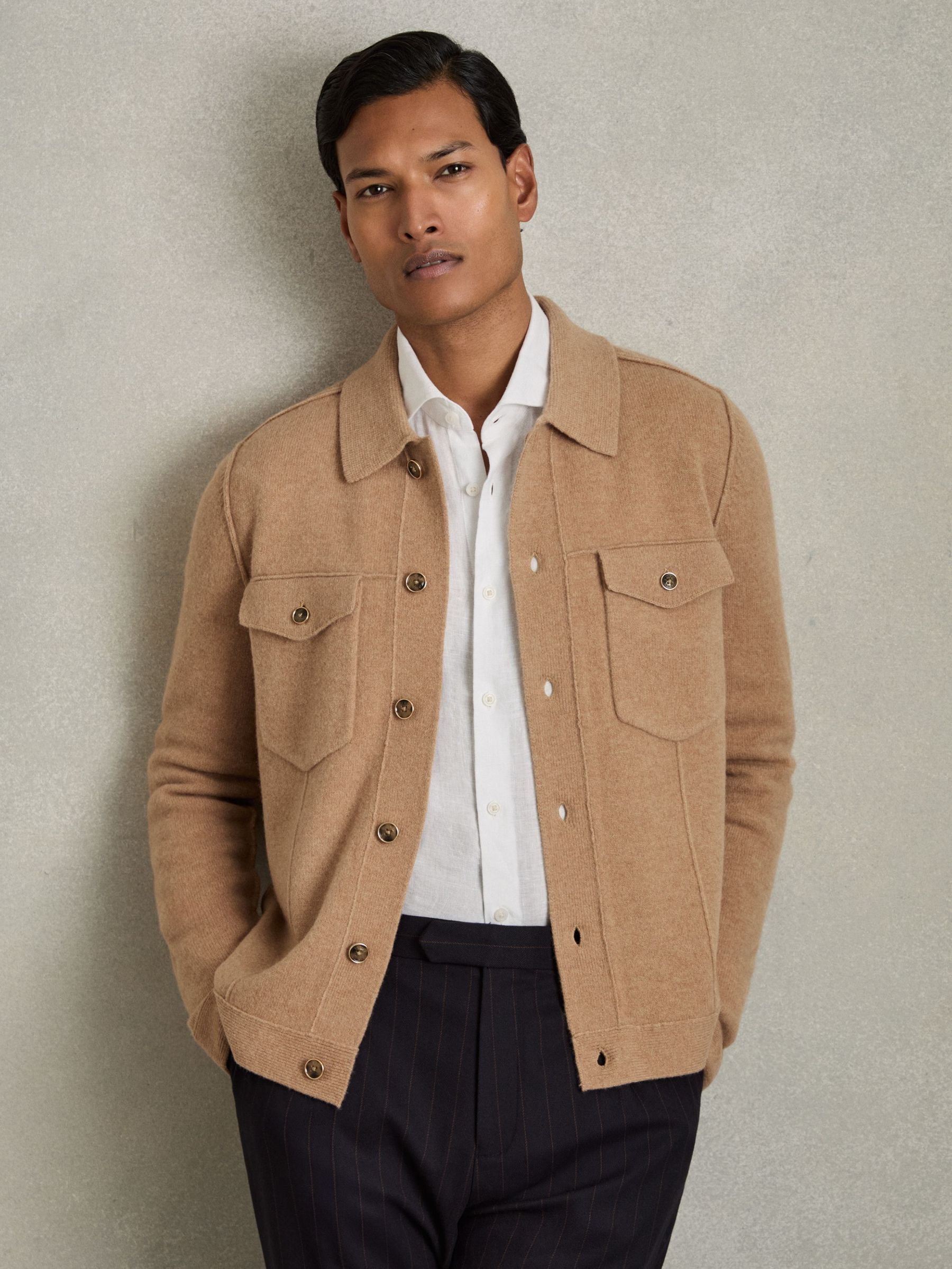Wool Button Through Knitted Jacket in Camel Melange (AW6603) | $131