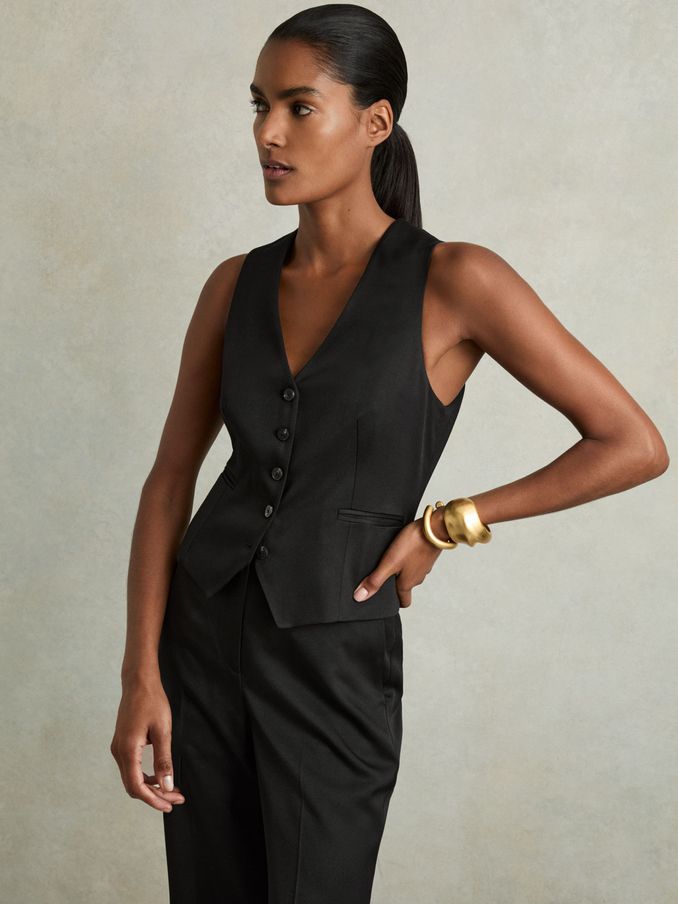 Single-Breasted Tailored Waistcoat in Black (AW6746) | US$265