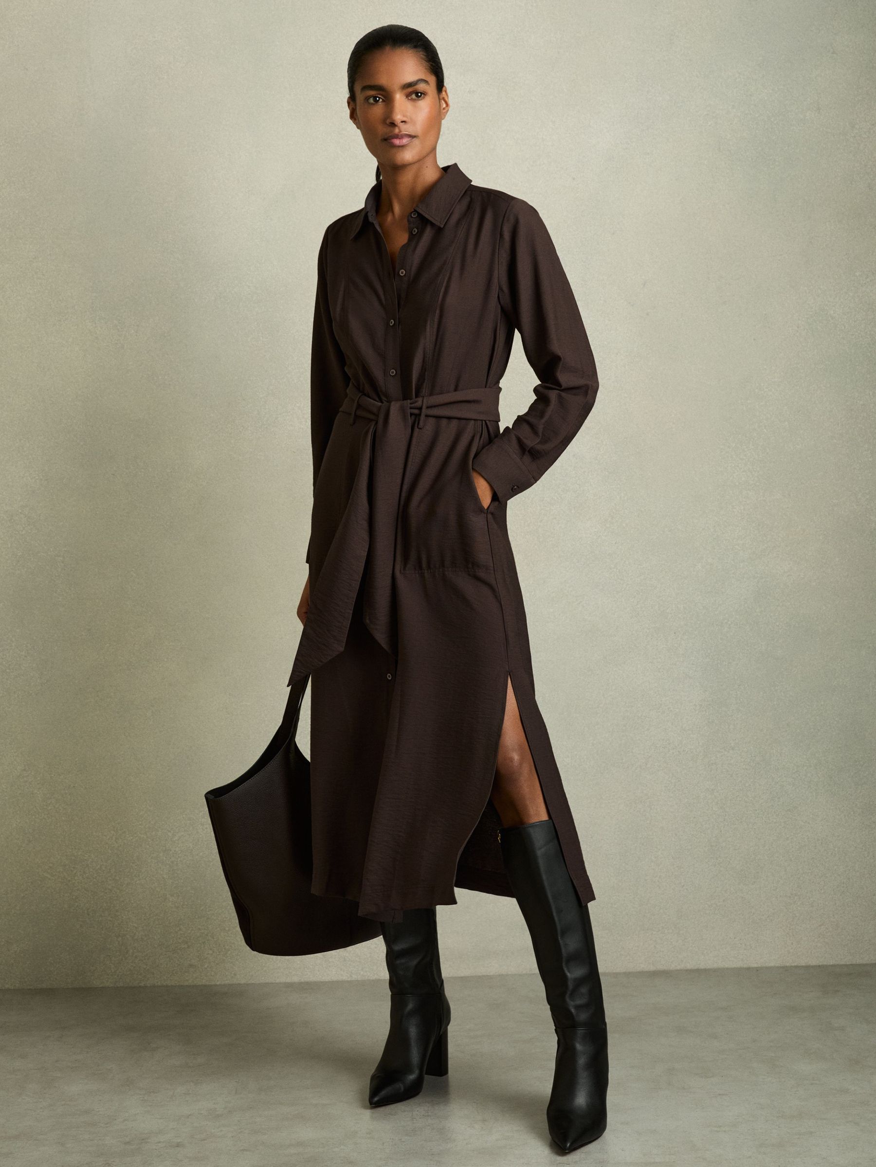 Long-Sleeve Belted Midi Dress in Charcoal (AW6751) | €195