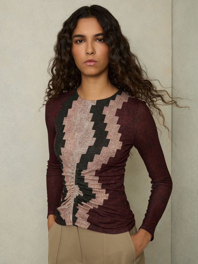Printed Ruched Top With Wool in Burgundy (AW6756) | €111