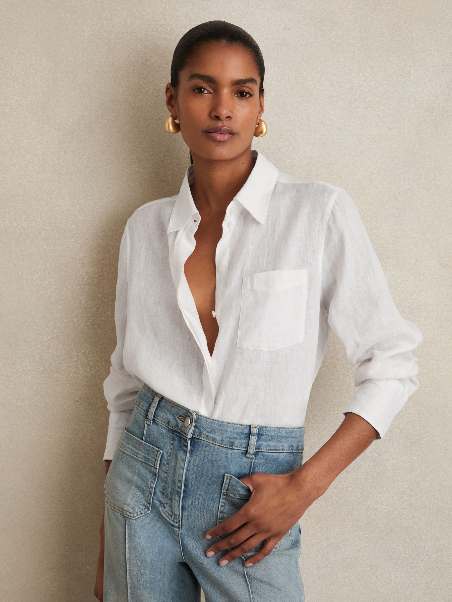 Linen Button-Through Shirt in White (AW6762) | US$160