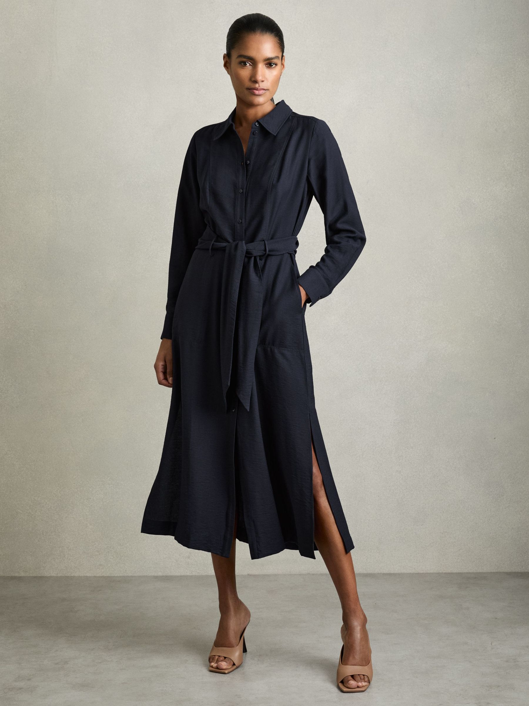Long-Sleeve Belted Midi Dress in Navy (AW6767) | €195