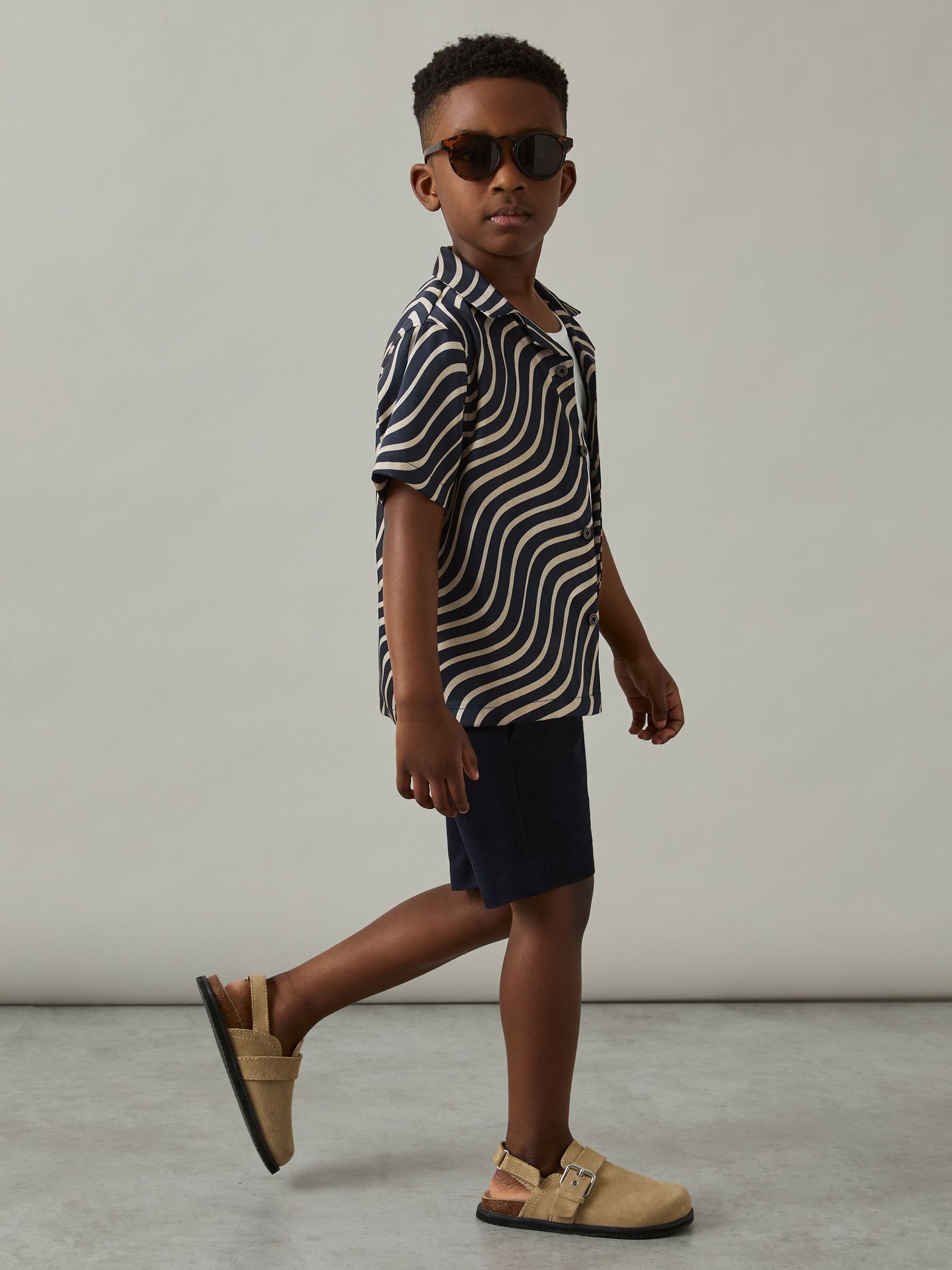 9-13 yrs Wave-Print Cuban-Collar Shirt in Navy/Off White (AW6780) | 260 SAR
