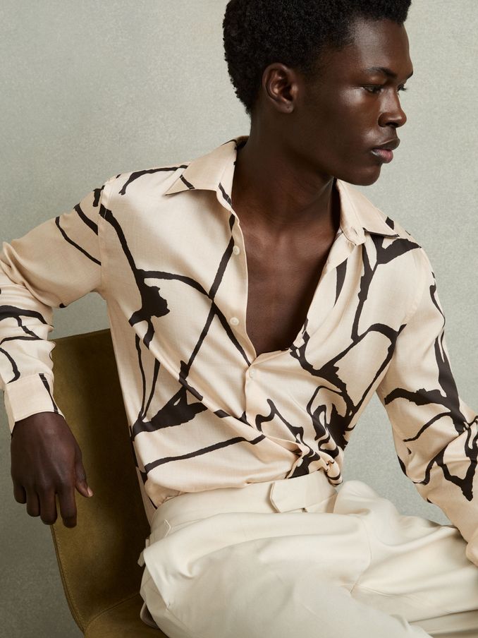 Abstract Painted Print Shirt in Stone (AW8913) | US$160