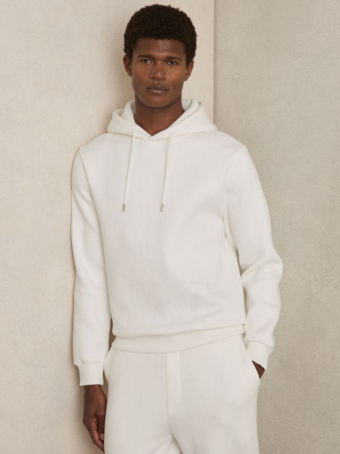 Cotton-Blend Rib-Knit Hoodie in White (AW8914) | US$195