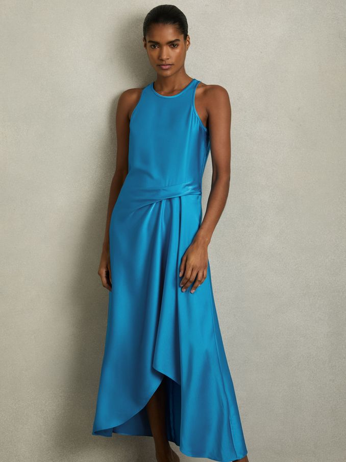 Petite Satin Drape Tuck Midi Dress in Blue (AW8918) | US$265