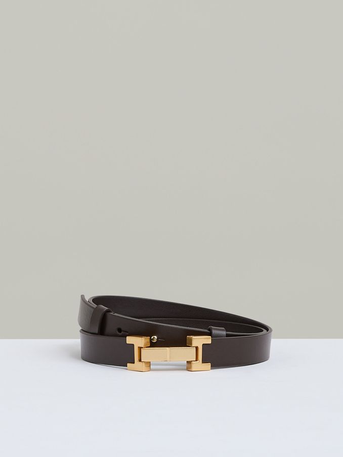 Leather Square Hinge Belt in Chocolate (AW8922) | US$95
