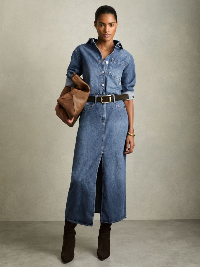 Denim Button-Through Midi Dress in Indigo (AW9939) | €205