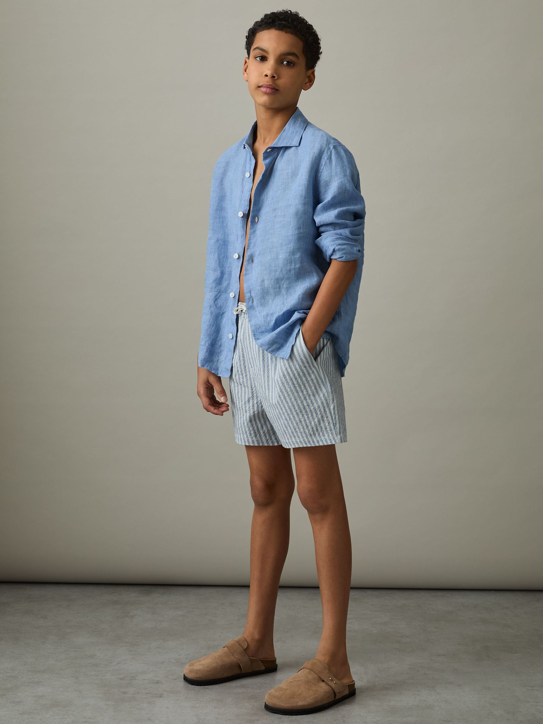 9-13 yrs Seersucker Striped Swim Shorts in Soft Blue/White (AW9962) | US$45