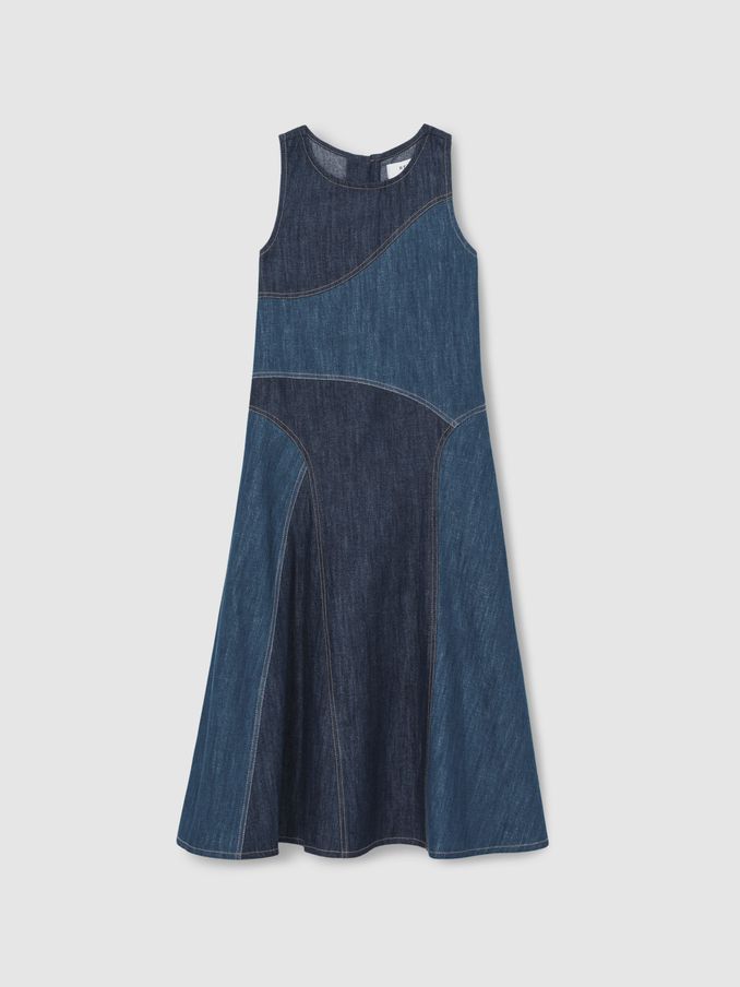 13-14 yrs Patchwork Chambray Midi Dress in Blue (AY3384) | €95