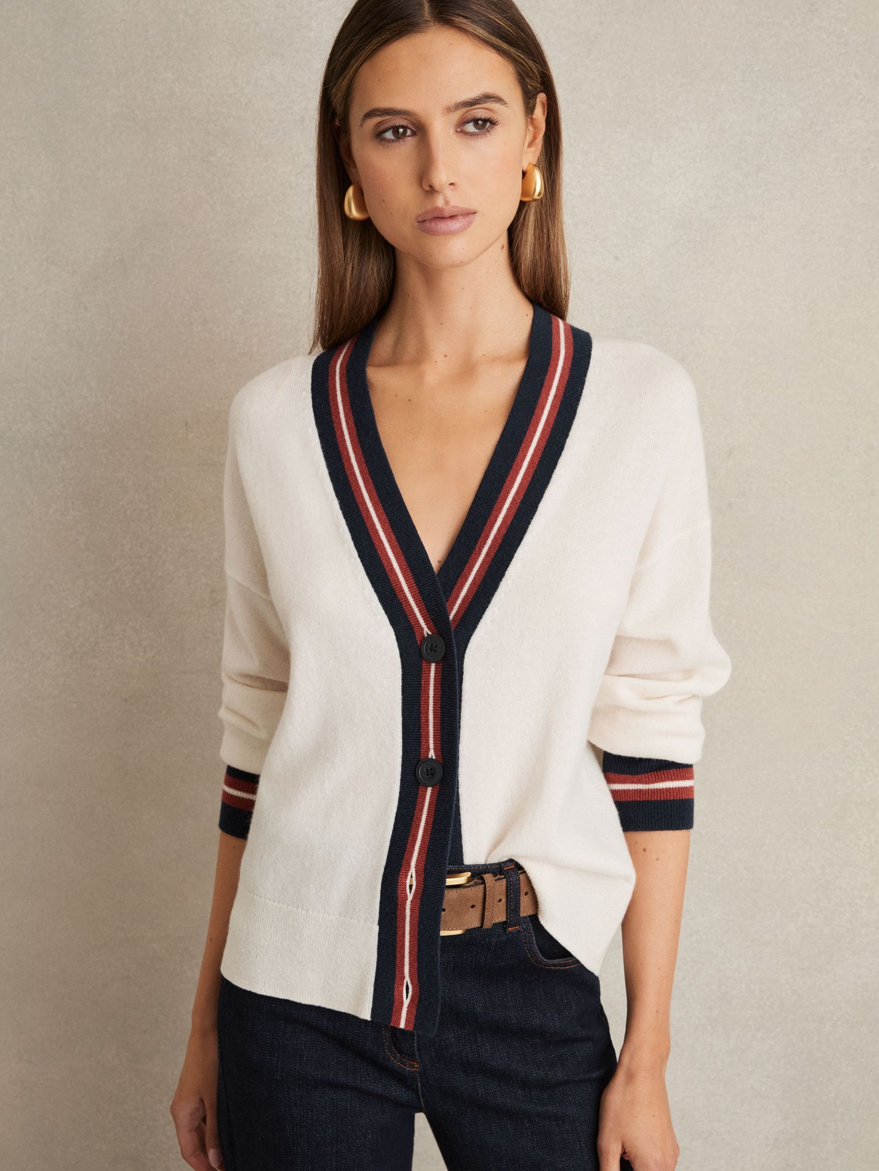 Wool Cashmere Stripe Trim Cardigan in White (AY3748) | €185