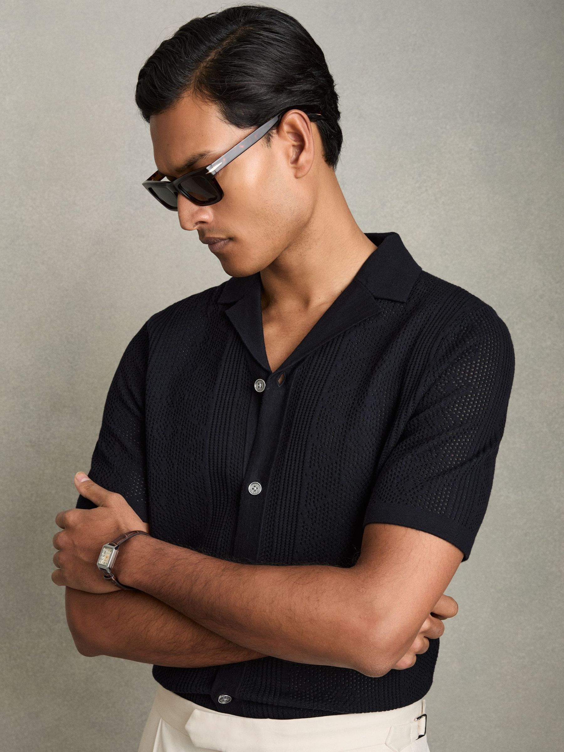 Textured Knit Short Sleeve Shirt in Navy (AY3749) | €170