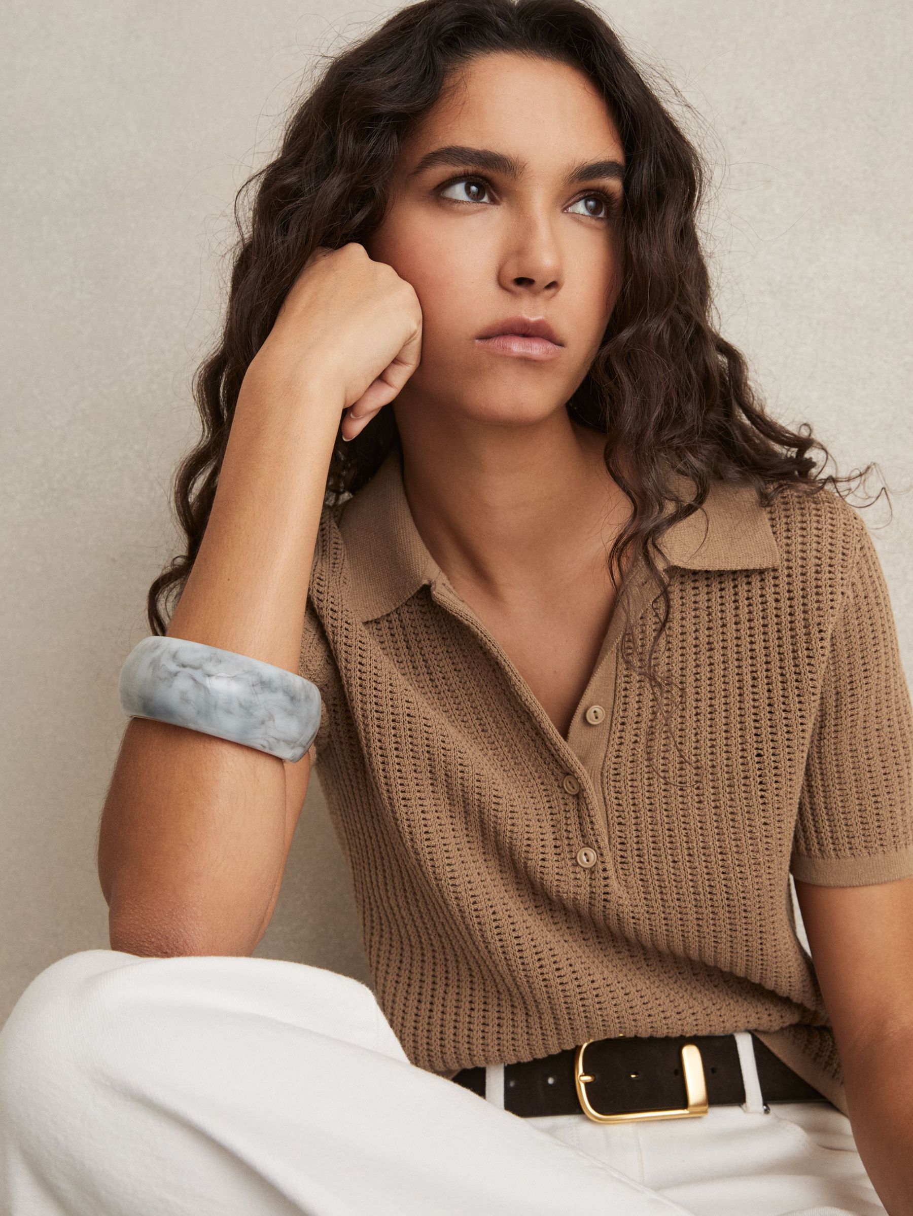 Cotton-Blend Open-Knit Polo Shirt in Tan (AY4942) | €140