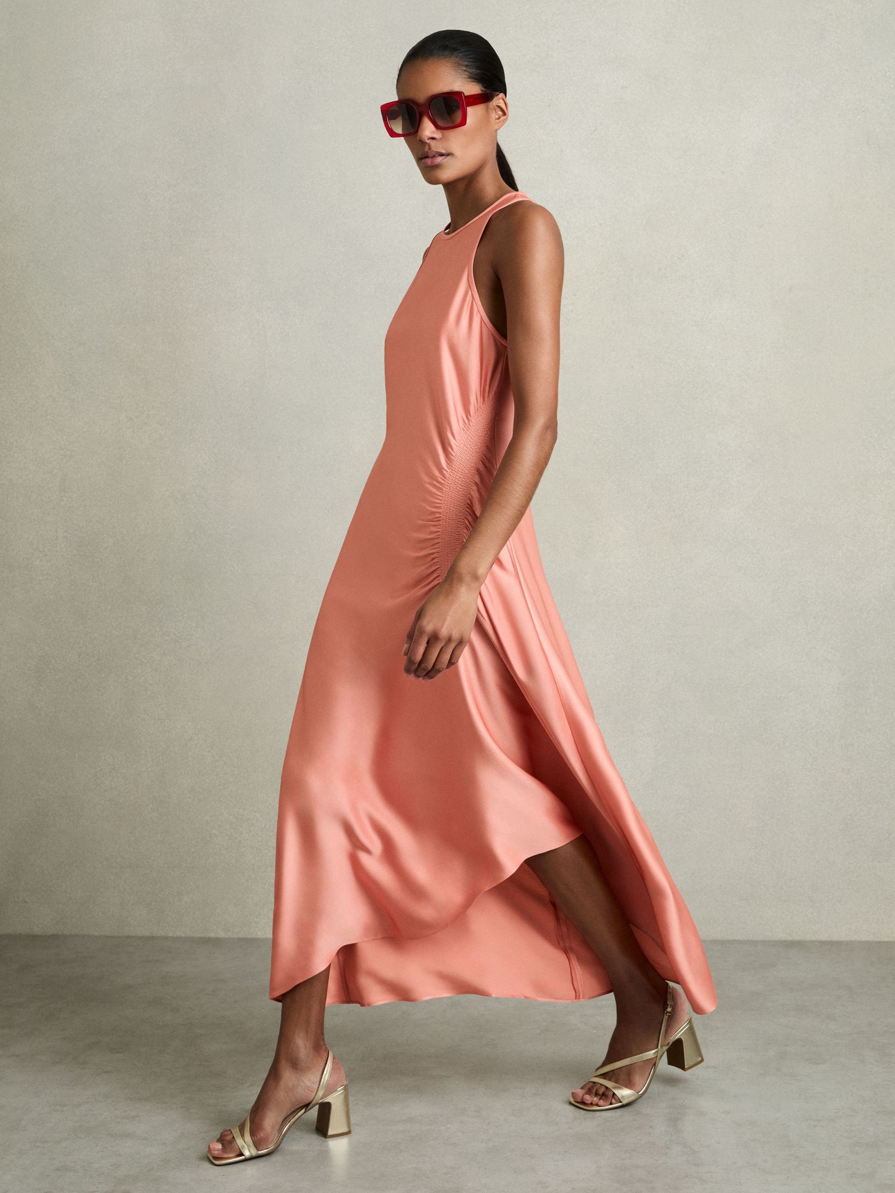 Satin Shirred Midi Dress in Coral (AY4944) | US$285