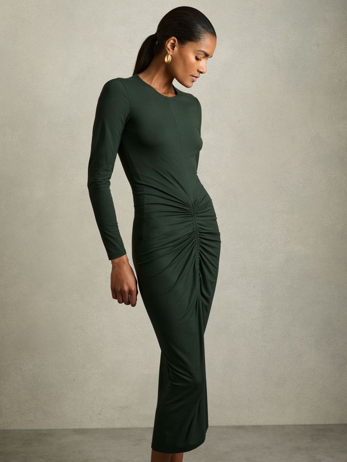 Petite Ruched Jersey Midi Dress in Green (AY4948) | US$141