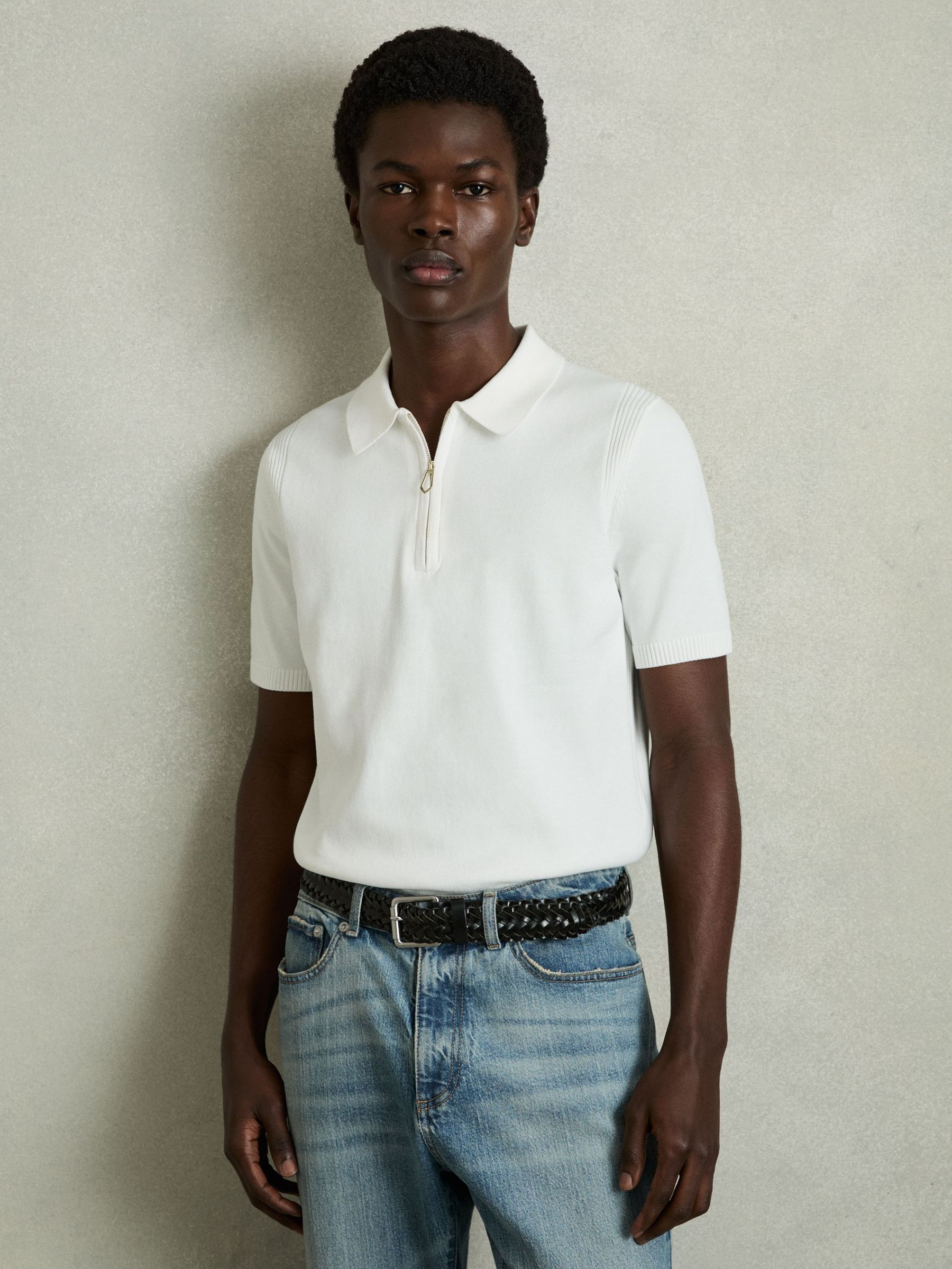 Cotton Half-Zip Knitted Polo Shirt in White (AY4953) | US$160