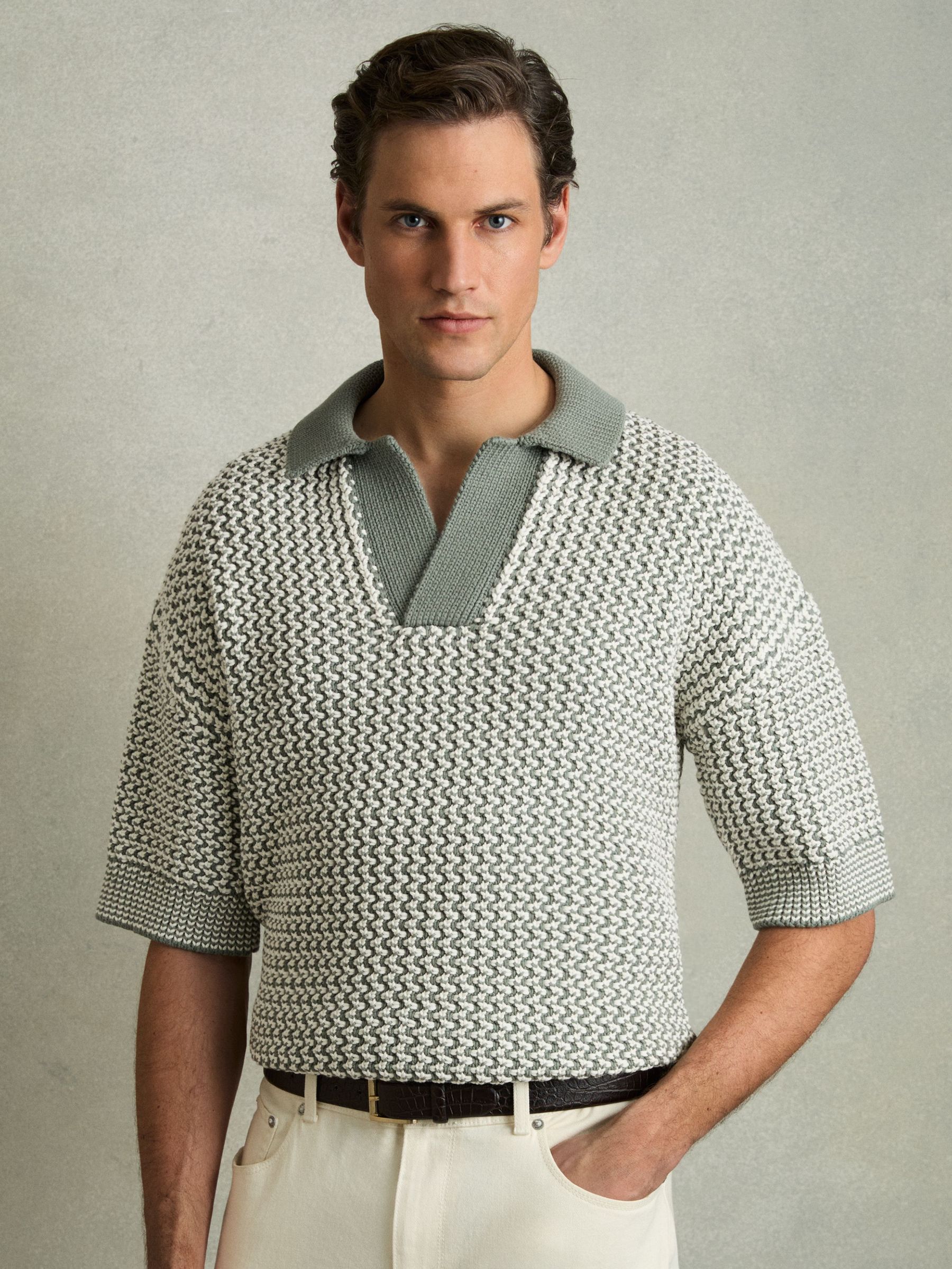 Chunky-Knit Open-Collar Polo Shirt in Sage/Off White (AY4957) | US$225