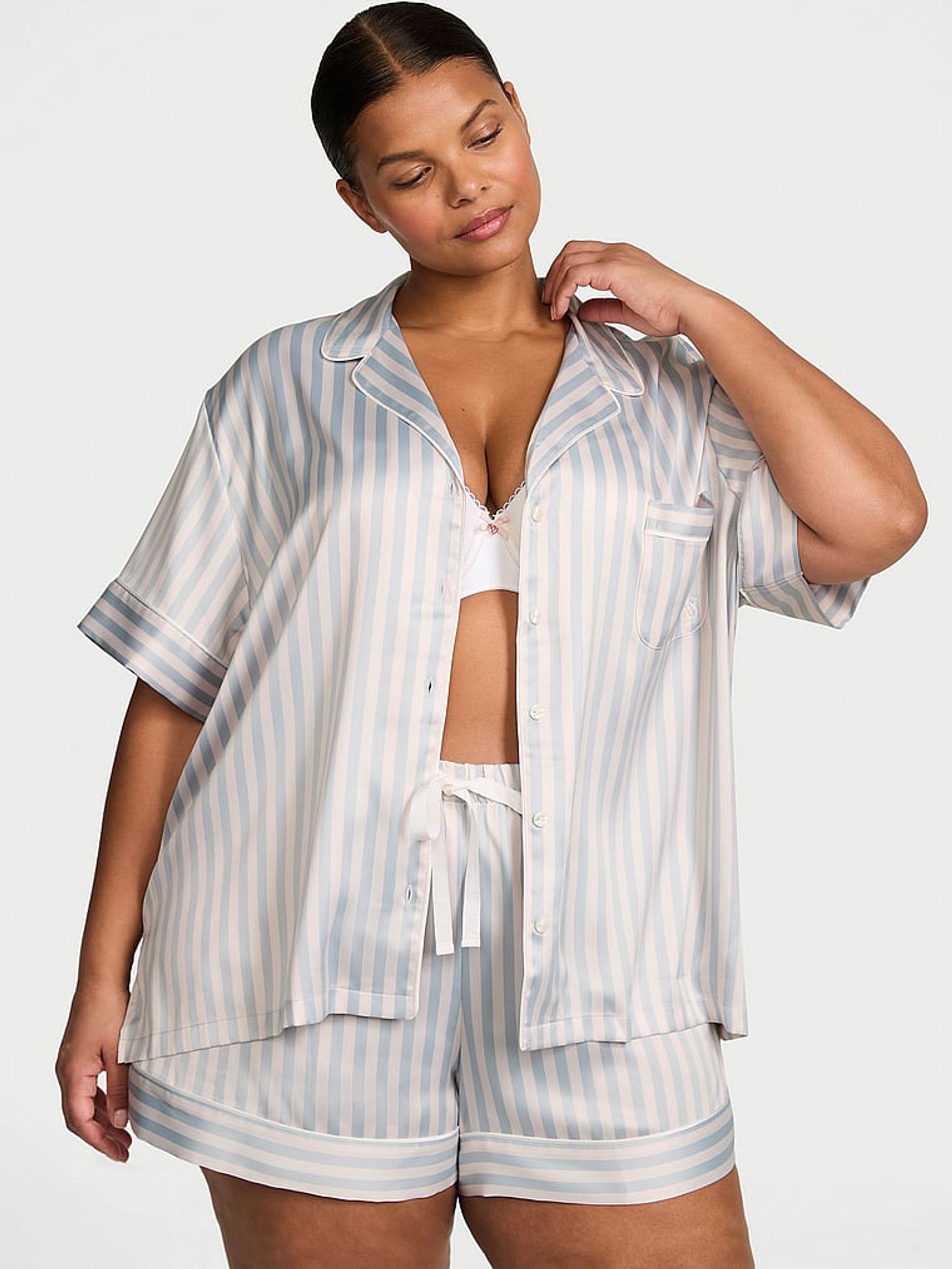 Grey Fog Stripe Satin Short Pyjama Set (AY5574) | €75