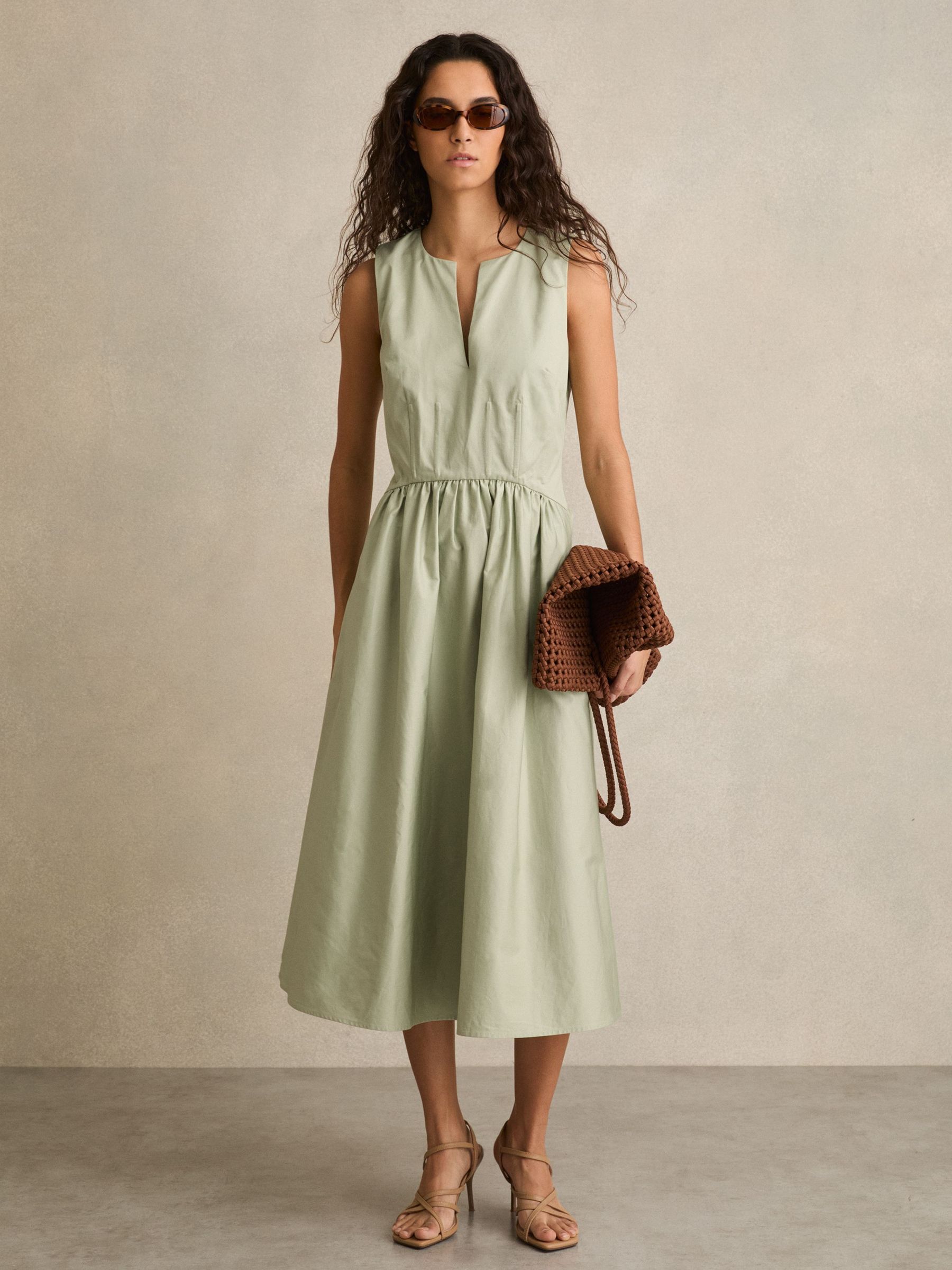 100% Cotton Corset Midi Dress in Sage (AY5831) | €195